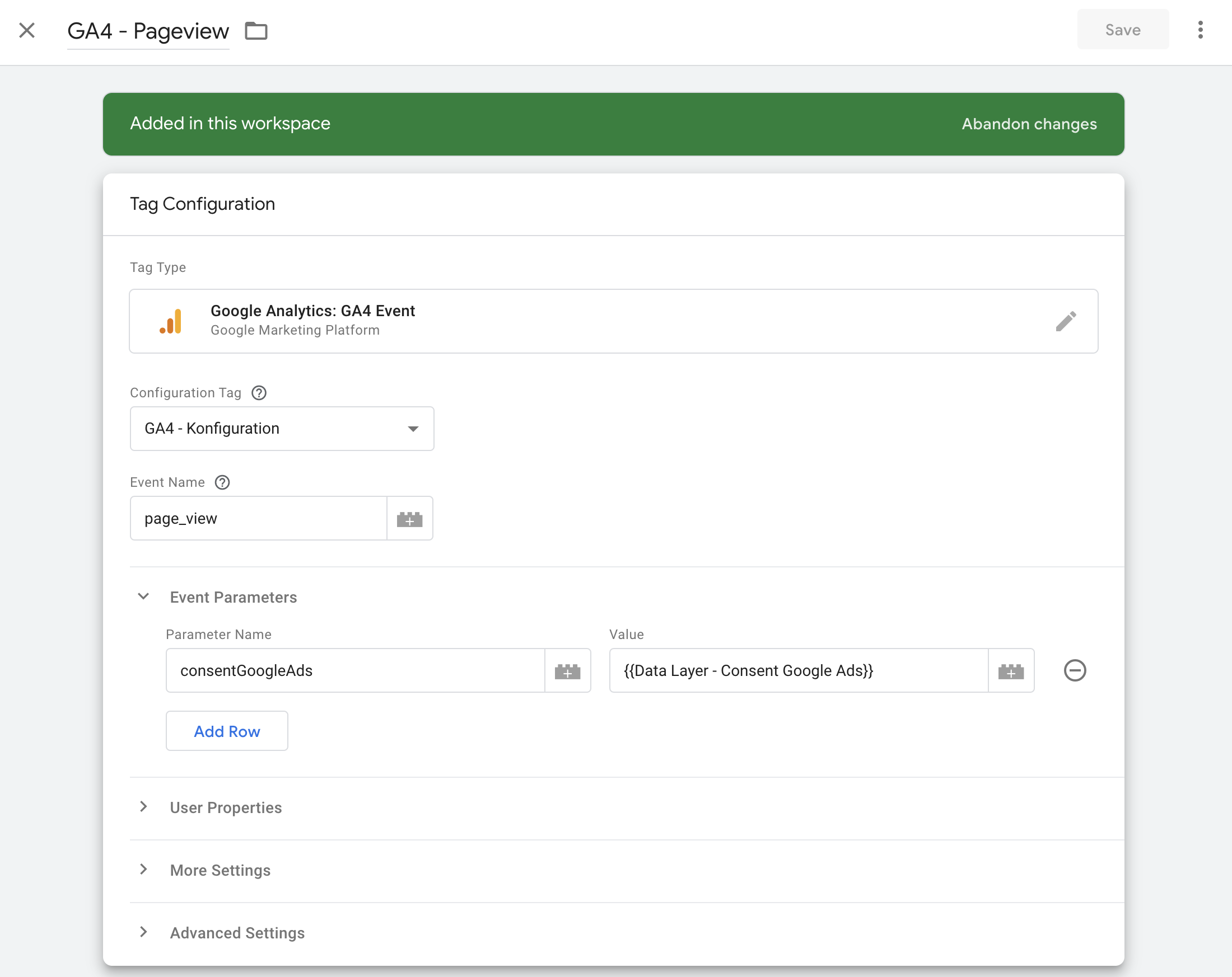  GA4 Tag Configuration for pageview events with consentGoogleAds parameter